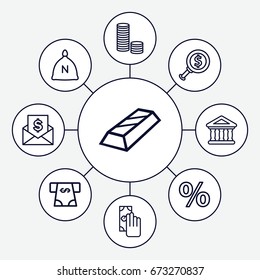 Banking icons set. set of 9 banking outline icons such as sack, atm money withdraw, bank, cash payment, envelope with dollar bill, dollar search, coin, gold