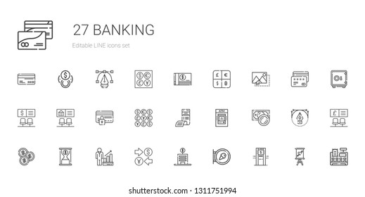 banking icons set. Collection of banking with atm, sign, bank, currency, profits, time is money, coin, money, bill, coins, credit card, image. Editable and scalable banking icons.