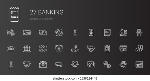 banking icons set. Collection of banking with bitcoin, image, dollar, pig, salary, exchange, atm, debit card, investment, vector, currency. Editable and scalable banking icons.