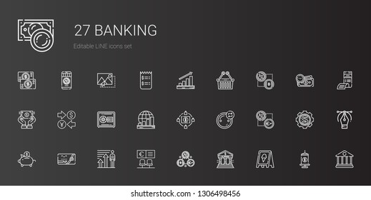 banking icons set. Collection of banking with sign, bank, exchange, profits, credit card, piggy bank, crowdfunding, safebox, currency, dollar. Editable and scalable banking icons.