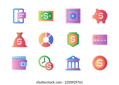 Banking icons set in color flat design. Pack of phone message, cash, money, safe, savings, piggy bank, data analysis, credit card, wallet and other. Vector pictograms for web sites and mobile app