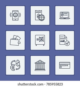 Banking icons set with deposit, credit and online payment elements. Set of banking icons and virtual banking concept. Editable vector elements for logo app UI design.