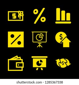 banking icons set with dollars gift, bars of descending graphic and pie chart vector set