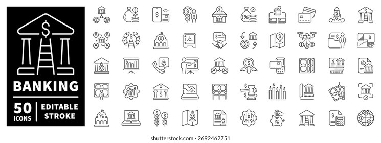 Conjunto de iconos bancarios. iconos de línea editables, esquema, finanzas, símbolos de transacción