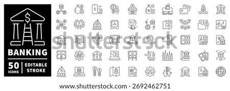 Banking icons set. editable line icons, outline, finance, transaction symbols