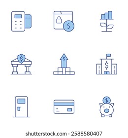 Banking icons set. Line Duotone style, editable stroke. atm, bank, banking, credit card, dollar bill, growth, internet banking, saving.