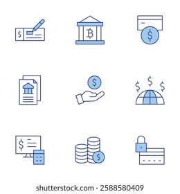 Banking icons set. Line Duotone style, editable stroke. accounting, bank, bank check, card payment, coins, credit card, global, income.