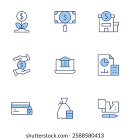 Banking icons set. Line Duotone style, editable stroke. accountant, bank, bank check, credit card, funding, investment, money bag, online banking.