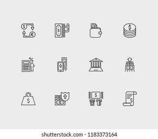 Banking icons set. Mobile payment and banking icons with dollar, currency exchange and online bank. Set of database for web app logo UI design.