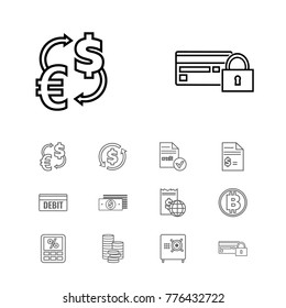Banking icons set with money transfer, cryptocurrency and payment secure elements. Set of banking icons and dollar payment concept. Editable vector elements for logo web mobile app UI design.