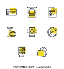 Banking icons set with pos terminal, wallet and mobile payment elements. Set of banking icons and online transfer concept. Editable vector elements for logo app UI design.