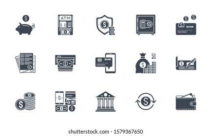 Banking icons set. Related vector glyph icons. Isolated on white background. Vector illustration.