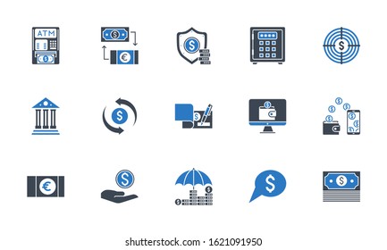 Banking icons set. Related vector glyph icons. Black and blue color. Isolated on white background. Vector illustration.