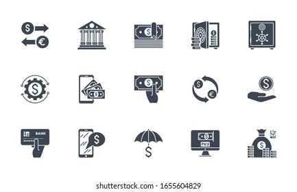 Iconos bancarios establecidos. Iconos de glifos vectoriales relacionados. Aislado sobre fondo blanco. Ilustración vectorial.