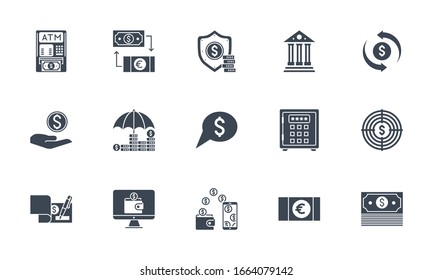 Banking icons set. Related vector glyph icons. Isolated on white background. Vector illustration.