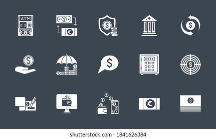 Banking icons set. Related vector glyph icons. Isolated onblack background. Vector illustration.