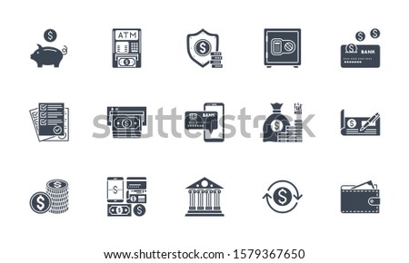 Banking icons set. Related vector glyph icons. Isolated on white background. Vector illustration.