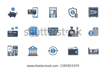 Banking icons set. Related vector glyph icons. Black and blue color. Isolated on white background. Vector illustration.