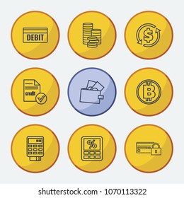 Banking icons set with tax calculator, debit and wallet elements. Set of banking icons and deposit concept. Editable vector elements for logo app UI design.