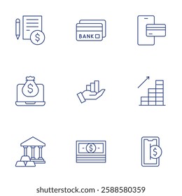 Banking icons set. Thin Line style, editable stroke. cost, credit card, digital economy, growth, international reserve, money, online payment.