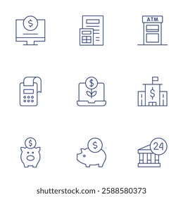 Banking icons set. Thin Line style, editable stroke. atm, bank, banking, online, paper, payment terminal, return of investment, savings, stock market.