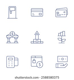 Banking icons set. Thin Line style, editable stroke. atm, bank, banking, credit card, dollar bill, growth, internet banking, money.