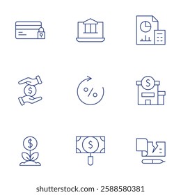 Banking icons set. Thin Line style, editable stroke. accountant, bank, bank check, credit card, funding, investment, online banking, percentage.