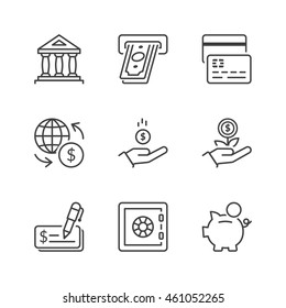 banking icons set, thin line, black color