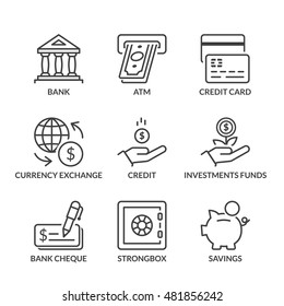 banking icons set, thin line, black color