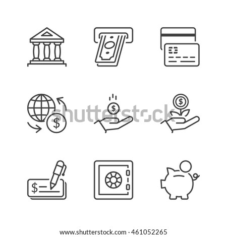 banking icons set, thin line, black color