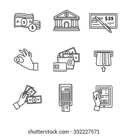 Banking icons thin line art set. Currency operations, bank building, check, wallet and credit card, paper cash and coins in hands, pos machine. Black vector symbols isolated on white.