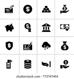 Banking icons. vector collection filled banking icons. includes symbols such as coin on hand, bank, dollar cloud, check, piggy bank, cheque. use for web, mobile and ui design.