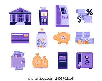 Banking illustrations. Bank building, payment fintech icons and credit card. ATM cash machine, money and finance vector set of bank payment, money finance