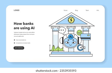 Banking industry automatization with artificial intelligence. Fintech development. Financial services neural network assistance. Digital economy, transaction and investment. Flat vector illustration