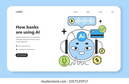 Automatización de la industria bancaria con inteligencia artificial. Desarrollo de Fintech. Asistencia de red neuronal de servicios financieros. Economía digital, transacciones e inversión. Ilustración vectorial plana