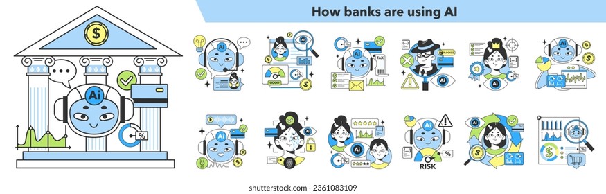 Automatización de la industria bancaria con un conjunto de inteligencia artificial. Desarrollo de Fintech. Asistencia de red neuronal de servicios financieros. Economía digital. Ilustración vectorial plana
