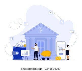 Ilustración del concepto del sector bancario. Adecuado para página de inicio, ui, web, tarjeta de introducción de aplicaciones, editorial, volante y banner.