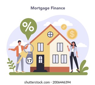 Banking industry sector of the economy. Idea of financial transactions management, money savings accounts administration. Mortgage finance. Flat vector illustration