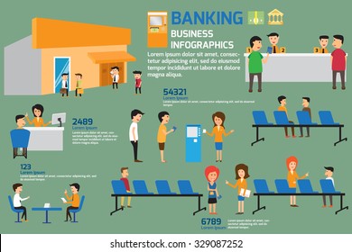 Banking infographics elements. Customers and staff people in bank. vector illustration.