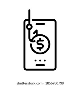 Banking information theft. Mobile banking services with hook and warning sign. Line vector. Isolate on white background.