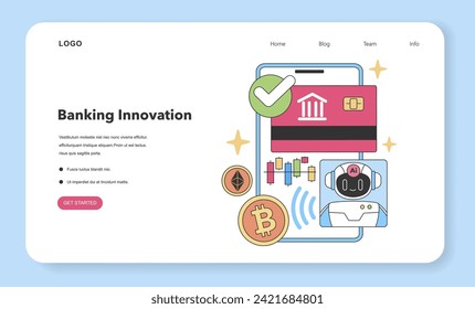 Banking Innovation concept. Integrating technology with finances through AI, mobile banking, and cryptocurrency. Secure digital transactions. Flat vector illustration.