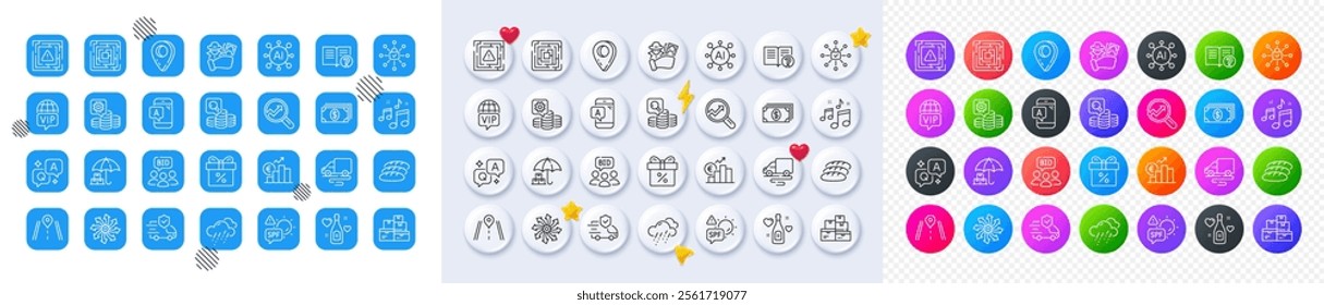 Banking, Inspect and Road line icons. Square, Gradient, Pin 3d buttons. AI, QA and map pin icons. Pack of Auction, Euro rate, Spf protection icon. Vector