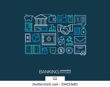 Banking integrated thin line symbols. Modern linear style vector concept, with connected flat design icons. Abstract background illustration for network, money, card, bank, business, finance concepts