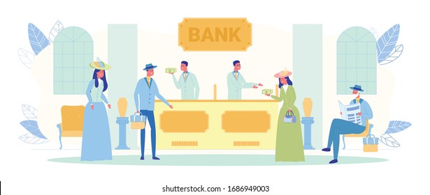 Banking Interior with Visitors in Antique Clothing Flat Cartoon Vector Illustration. Woman in Long Dress and Hat Taking Money, Man in Formal Suit. Bank Office Workers or Clerks at Counter.