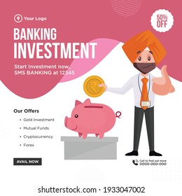 Banking investment banner design template. Man saving money in piggy bank.Vector graphic illustration.