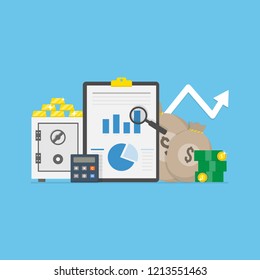 	
Banking & Investment concept. Moneybag,cash,coin,money,calculator,analysis document,safe,gold bars flat icons vector illustration for website,infographics,advertising,web banners,mobile application