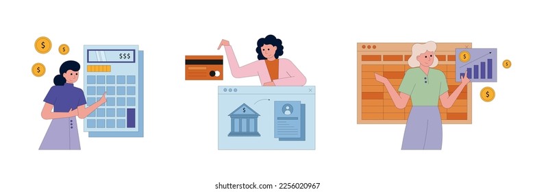 Banking and investment concept. People manage finances and savings in bank account. Calculation of interest rate and cashback on calculator. Vector illustration in flat style