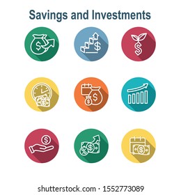 Banking, Investments & Growth Icon Set with Dollar Symbols, etc