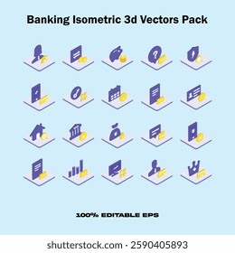 Banking Isometric 3d Vectors Pack. Finance bundle of isometric elements. Financial analytics, piggy bank, stock trading, market indexes, investment, money transfer isolated icons. 