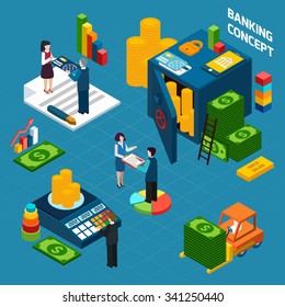 Banking  isometric design concept set with employees customers and bank vault vector illustration